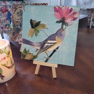 Flower, Leaves and Bird Collage Canvas. 6x6 with easel. Home Decor